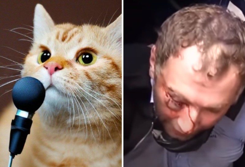 Создать мем: кошка, кошка с микрофоном, кот интервью