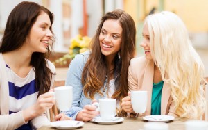 Create meme: girl drinking coffee, friends sitting in a cafe, female company