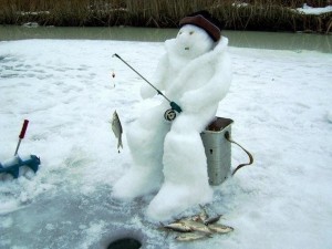 Create meme: snowman fishing, winter fishing, winter fishing funny photo