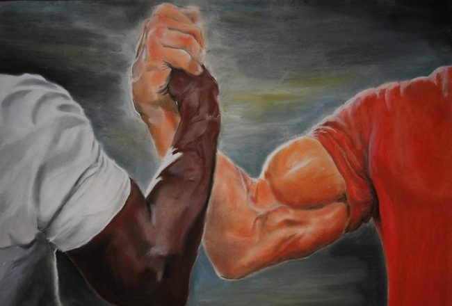 Create meme: arm wrestling picture, the handshake of the jocks, meme epic handshake