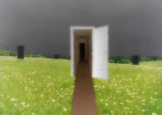 Создать мем: темный коридор с дверью в конце, темнота, дверь в поле