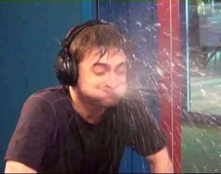 Create meme: Daniel Radcliffe spits water, meme daniel radcliffe spits water, Meme Radcliffe spits water