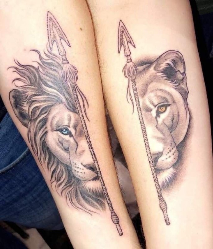 Create meme: paired lion tattoos, tattoo of a lion and a lioness, tattoos are paired