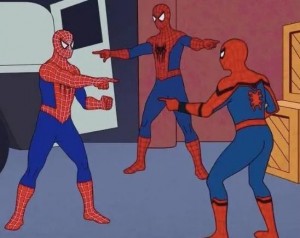 Создать мем: мем два человека паука, мем 3 человека паука, 2 человека паука мем