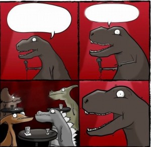 Создать мем: динозавр стендапер мем, тиранозавр стендап, динозавр стендап