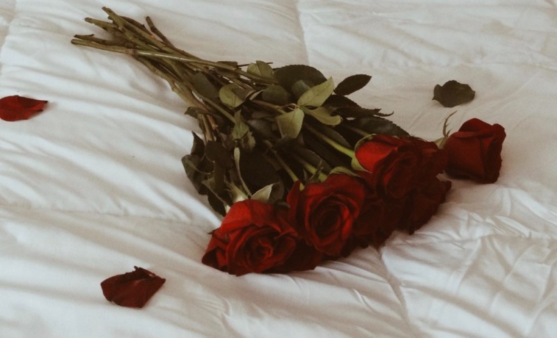 Create meme: roses on the bed, Flowers on the bed, burgundy roses bouquet