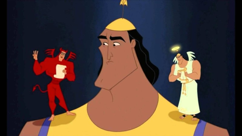 Create meme: kronk the angel and the demon, kronk, an angel and a devil on your shoulders