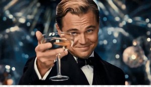 Create meme: the great Gatsby with a glass of, the great Gatsby Leonardo DiCaprio, DiCaprio raises a glass