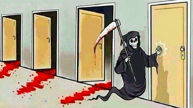 Create meme: meme death with a scythe and doors, the grim Reaper meme, a meme with death and doors