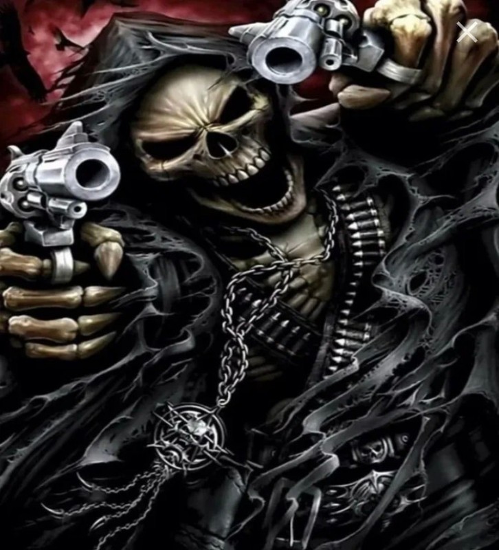 Create meme: skull with guns, skeleton with a gun, the skeleton is cool