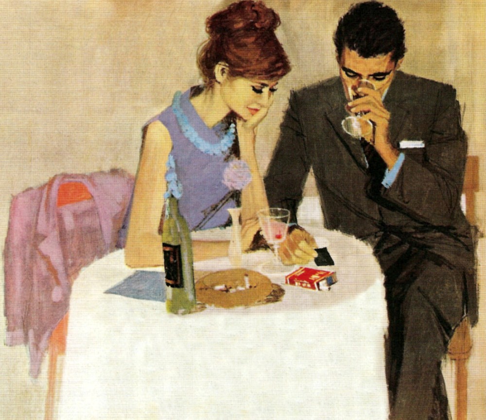 Create meme: a man and a woman in a cafe, retro drawings, woman 