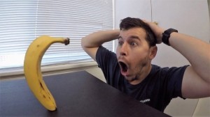 Create meme: a man is surprised by a banana, banana man, the guy is surprised by a banana