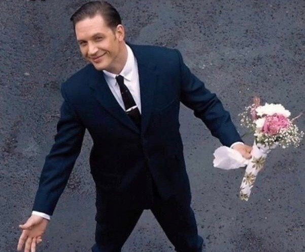 Create meme: happy birthday, tom hardy with a bouquet, Tom hardy 