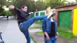 Create meme: girl beats up guy, kick fight, a kick in the face