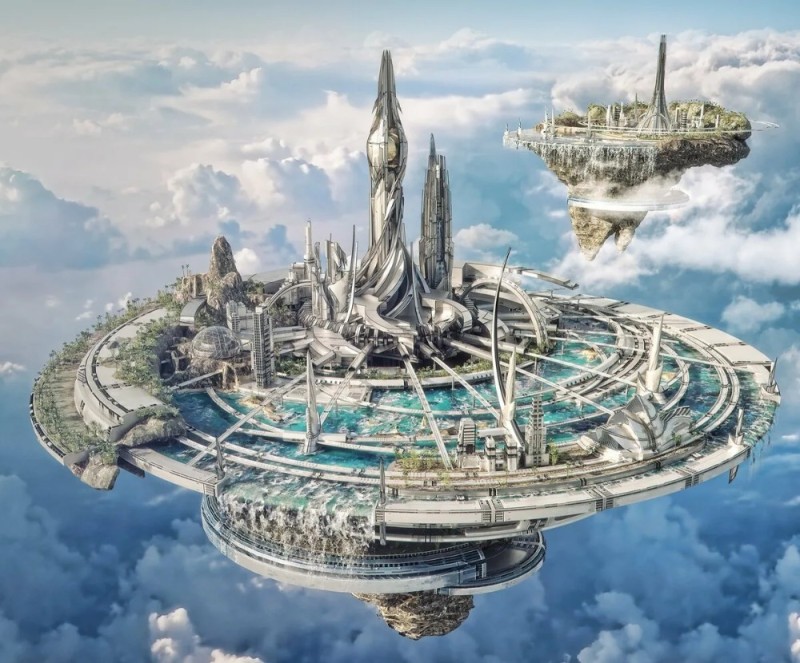 Создать мем: "футуристическая башня даниэль видриг, будущее здание, космический город, летающий город будущего