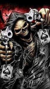 Создать мем: скелет с револьвером, череп с оружием, скелет с оружием