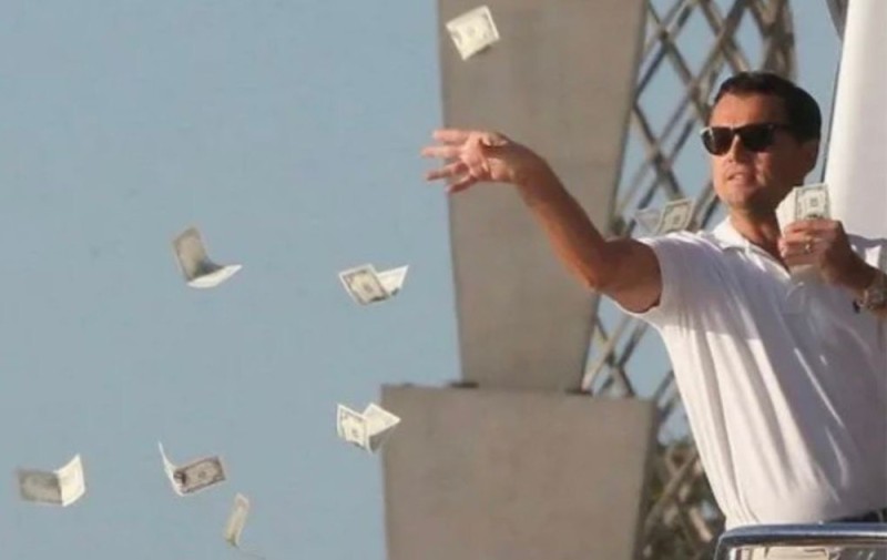 Create meme: DiCaprio throws money, DiCaprio throws money, the wolf of wall street throwing money