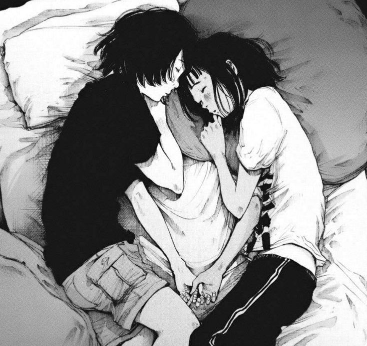 Create meme: Anime couple cuddling in bed, anime couple in bed, anime couple sleeping