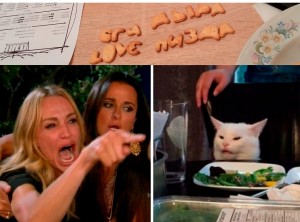 Create meme: the meme with the cat, just girls, memes with cats, the meme with the cat at the table and girls