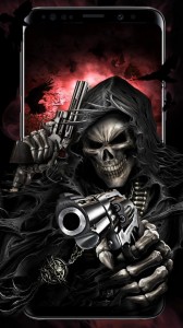 Create meme: skull with guns, skeleton with a gun