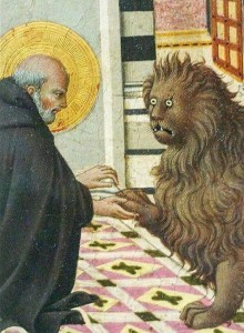 Создать мем: сано ди пьетро святой иероним, страдающее средневековье лев, сано ди пьетро святой иероним и лев