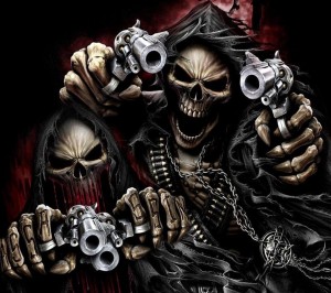 Создать мем: скелет с пистолетом, крутые черепа, скелет с револьвером
