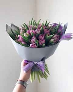 Create meme: a bouquet of flowers Suite, purple tulips, bouquet in bag