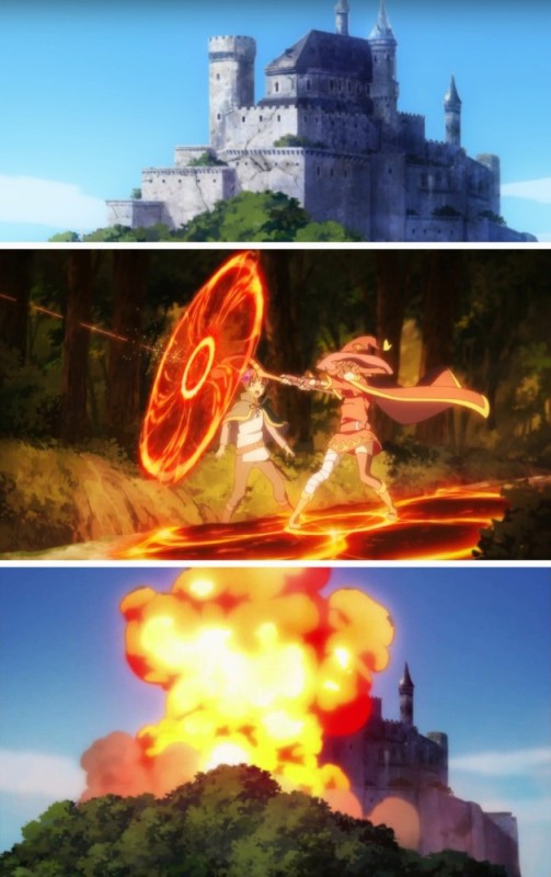 Create meme: megumin blows up the castle, megumin explosion magic, megumin casts explosion