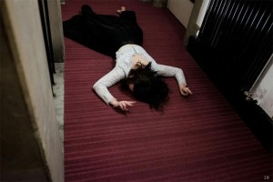 Create meme: crime scene, frightened on the floor, crime scene in a office with lifeless business woman lying on the floor