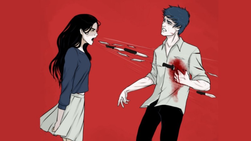 Create meme: the girl screams at the guy with knives, anime couple drawings, arts anime