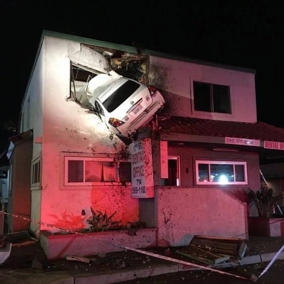 Create meme: The car flew into the building, The car flew into the house, The car crashed into the house on the second floor