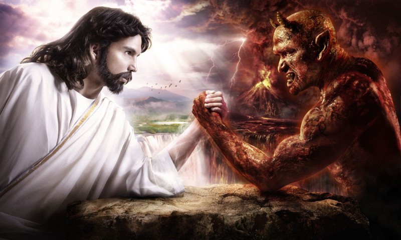Создать мем: иисус и дьявол, иисус против дьявола, бог против дьявола