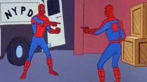 Create meme: Spiderman and cheloeka spider meme, Spiderman meme double the original, Spiderman meme double