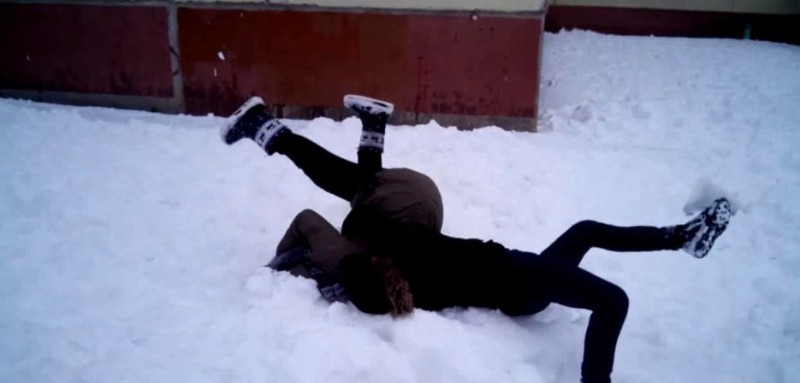 Create meme: He threw the girl into a snowdrift, a girl bending into a snowdrift, snow 