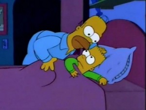 Create meme: meme of the simpsons Homer and Bart, Homer and Bart meme bed, Homer scares Bart