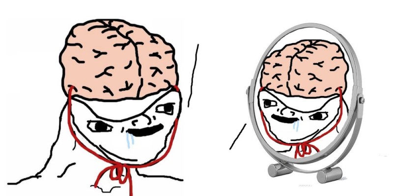 Create meme: wojak brainless, meme without a brain, brain on a string meme