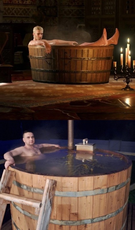 Create meme: Geralt in the bucket, the font of the Japanese bath furako, the witcher 3 complete edition