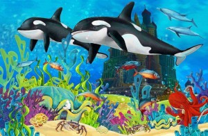 Создать мем: детские фотообои 3d подводный мир, кит и подводное царство, подводный мир касатки картинки