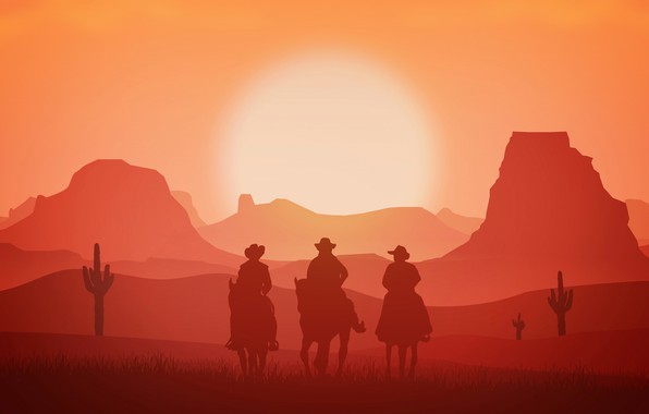 Create meme: desert western, cowboy at sunset, wild west background