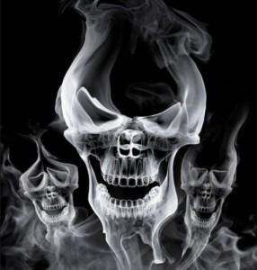 Создать мем: череп на черном фоне, череп из-за рта дым, череп крутой