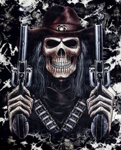 Create meme: skeleton with a gun, skull cool, the skeleton is cool