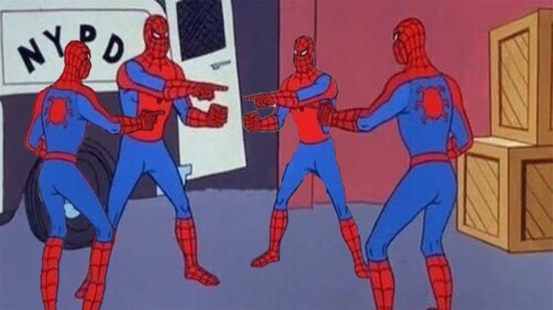 Create meme: spider-men point at each other, 3 spider-man meme, meme 2 spider-man