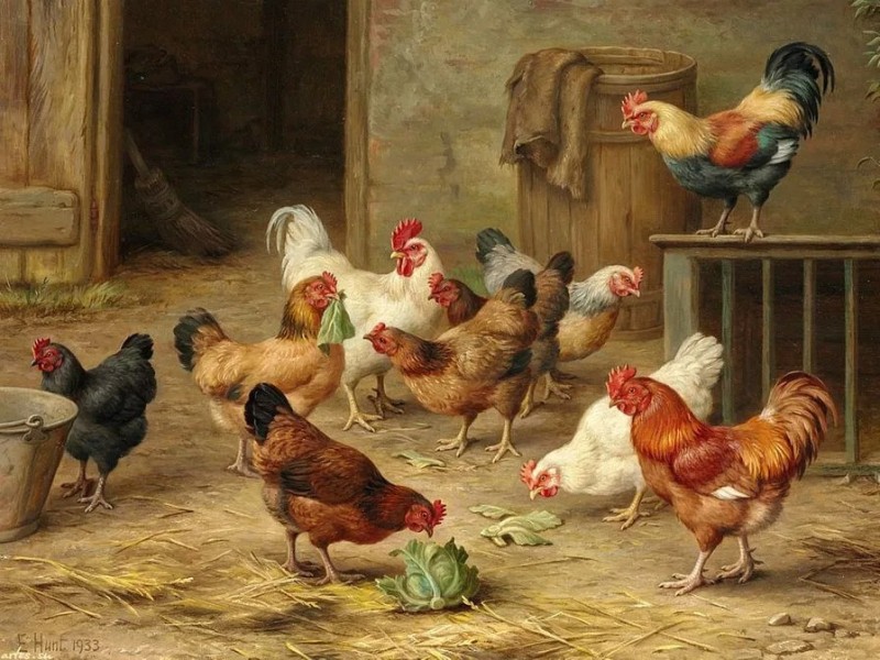 Create meme: edgar hunt (1876-1955), painting the poultry yard, chicken artist edgar hunt