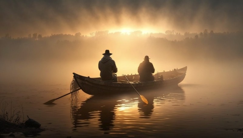 Создать мем: лодка в тумане, картина рыбалка на рассвете, природа