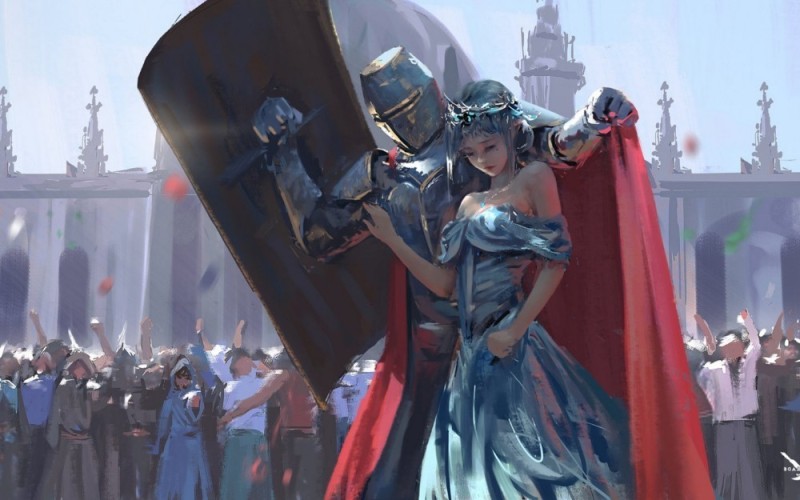 Create meme: knight and Princess art, knight covers the Princess shield, by wlop knight