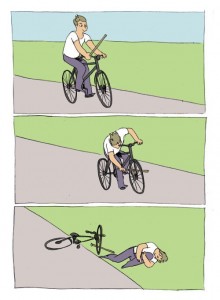 Создать мем: велосипед и палка, палка себе в колесо, человек на велосипеде палка в колесо