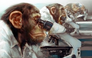 Create meme: monkey, monkey scientist