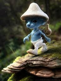 Create meme: the Smurfs , smurf in the forest with mushrooms, scary smurf