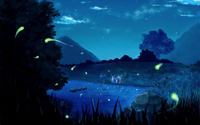 Создать мем: озеро ночью аниме, ночь аниме, светлячки аниме