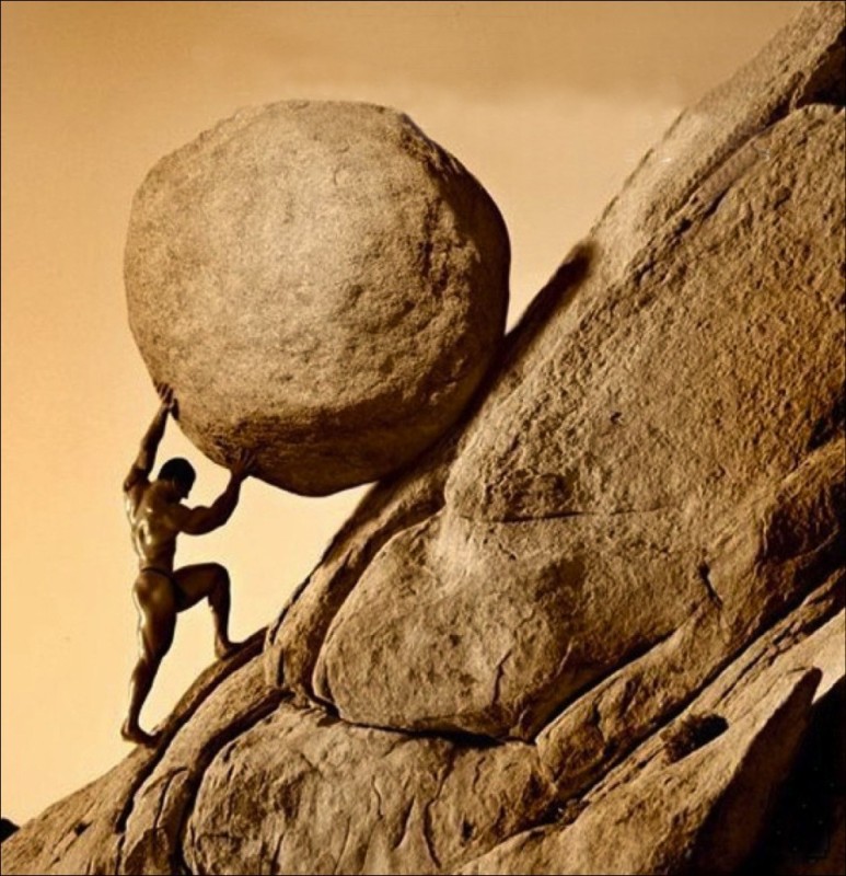 Create meme: a man rolls a stone uphill, the strength of the human will, the man pushes the stone